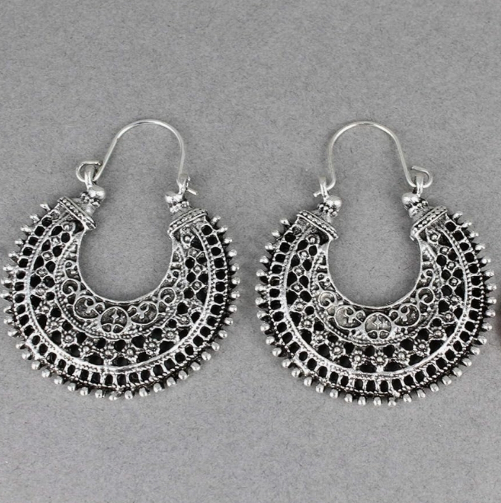 Silver Intricate Filigree Metal Lace Earrings India Bohemian Boho Aesthetic - Picture 8 of 9